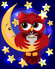 bright, cartoon, beautiful pink owl-girl with beautiful eyes keeps wings for a month among the stars. inscription Good night