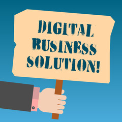 Writing note showing Digital Business Solution. Business photo showcasing Solution to establish successful online business Hu analysis Hand Holding Colored Placard with Stick Text Space
