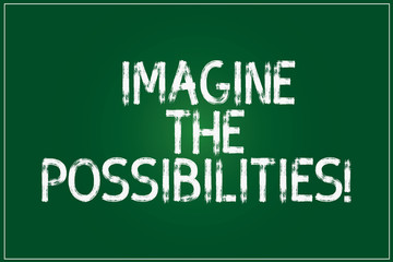 Obraz premium Conceptual hand writing showing Imagine The Possibilities. Business photo showcasing sense that something is able to happen soon Color Rectangular Shape Outline and Round Beam in Center