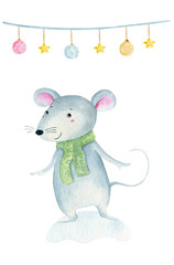 Cute cartoon christmas rat mouse. Watercolor hand drawn animal illustration. Isolated on white background.