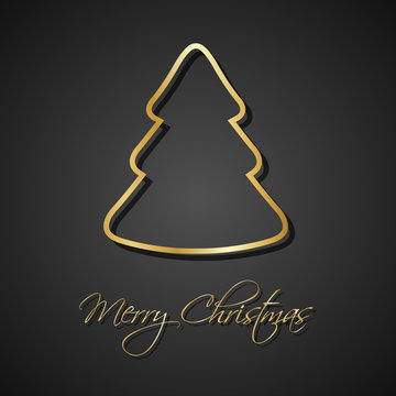 Modern golden christmas trees on black background, holiday greeting card with merry christmas sign
