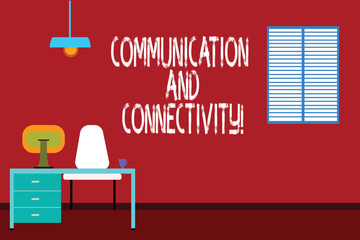 Text sign showing Communication And Connectivity. Conceptual photo social connections through network systems Work Space Minimalist Interior Computer and Study Area Inside a Room photo