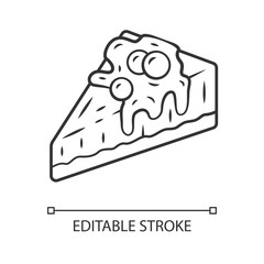 Cheesecake linear icon. Cake with topping and berries. Bakery shop, confectionery menu. Sweet dessert, pastry. Thin line illustration. Contour symbol. Vector isolated outline drawing. Editable stroke