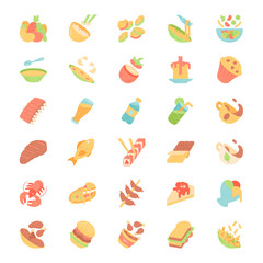 Menu dishes flat design long shadow color icons set. Salads, first meal, main dishes. Burgers, pizza, beverages, desserts. Fast food, restaurant, cafe, bistro meal. Vector silhouette illustrations