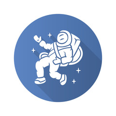 Astronaut flat design long shadow glyph icon. Spaceman. Space explorer. Cosmonaut in outer space. Man in space suit. Cosmic mission. Travel, adventure, exploration. Vector silhouette illustration