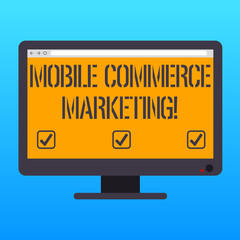 Handwriting text writing Mobile Commerce Marketing. Concept meaning Trading goods through wireless handheld devices Blank Computer Desktop Monitor Color Screen Mounted with Progress Bar