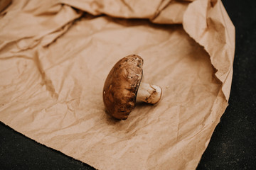 Champignons mushrooms on paper on black background