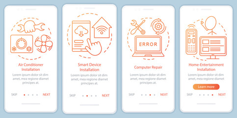 Home services for electronic devices onboarding mobile app page screen with linear concepts. Smart device installation. Four steps graphic instructions. UX, UI, GUI vector template, illustrations