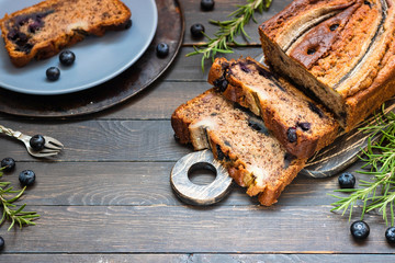 Homemade Banana Blueberry cake with rosemary