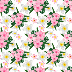 Seamless pattern with tropical flowers on white background.