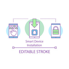 Smart device installation concept icon. Electronic equipment. Password protected access. File download. Home automation idea thin line illustration. Vector isolated outline drawing. Editable stroke