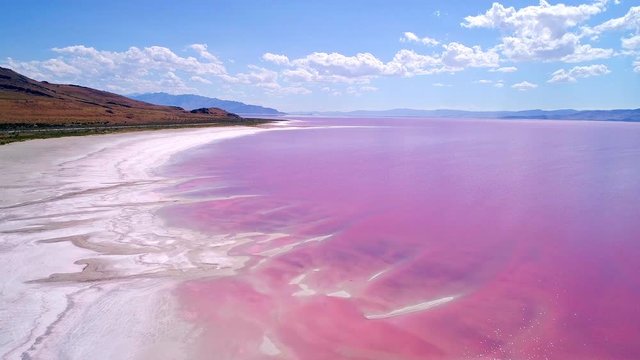 Aerial view flying over shoreline of the Great Salt Lake in pink phase due to bacterial that lives in the salty water with brine shrimp.