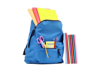 Backpack with school supplies isolated on white background