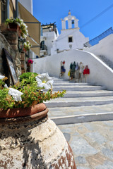 Flower urn and steps in Naxos old town, Naxos, Greek Islands