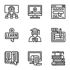 Online education icon set. Outline set of 9 online education vector icons for web design isolated on white background