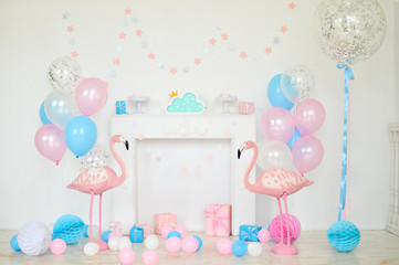 Pink flamingo. Flamingo party. Decorations for holiday party. A lot of balloons. 