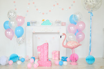 Pink flamingo. Flamingo party. Decorations for holiday party. A lot of balloons. 