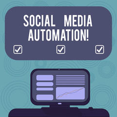 Conceptual hand writing showing Social Media Automation. Business photo showcasing Automation of posting content to social media Mounted Computer Screen with Line Graph on Desk Text Box