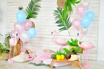 Pink flamingo. Flamingo party. Decorations for holiday party. A lot of balloons. 