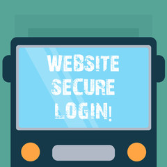 Conceptual hand writing showing Website Secure Login. Business photo showcasing Uses SSL to encrypt the user name and password Drawn Flat Front View of Bus with Window Shield Reflecting