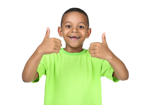 Cute american boy showing thumb up on white background