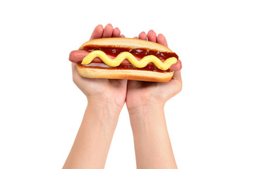 Hot dog in woman hand isolated on white background. Copy space.