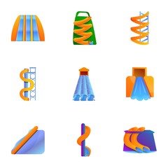 Waterpark icon set. Cartoon set of 9 waterpark vector icons for web design isolated on white background
