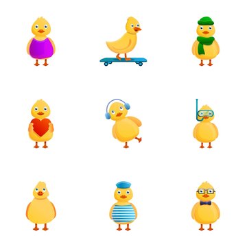 Cute duck icon set. Cartoon set of 9 cute duck vector icons for web design isolated on white background