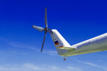 The tail of a helicopter. Front bottom view