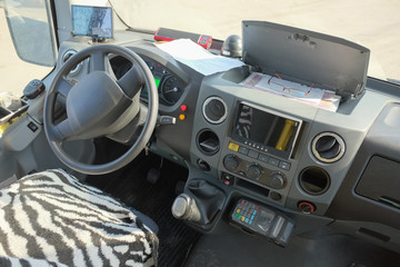 Workplace of the driver of the public transport bus without the conductor