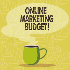 Conceptual hand writing showing Online Marketing Budget. Business photo showcasing cost that will be required to promote products Mug of Hot Coffee with Blank Color Speech Bubble Steam icon