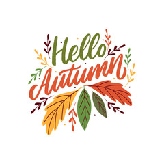 Vector hand drawn lettering happy fall with leafs for print, decor, textile. Welcome autumn banner. - 282481937