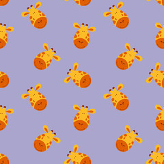 Funny seamless pattern with flat giraffe faces. Smiling animals on light purple background. Vector illustration.
