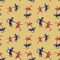 Seamless pattern with cats dancing swing. Funny animals performing jazz or boogie woogie. Nice repeated ornament on gold background. Vector illustration.