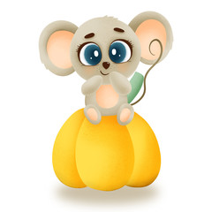 gray cute mouse sits on an orange pumpkin. isolated on white background