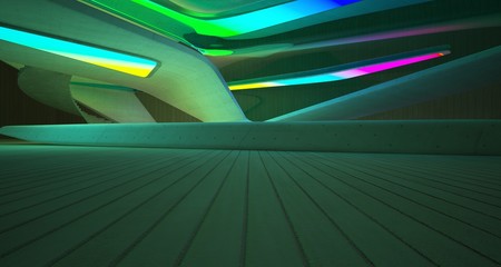 Abstract architectural concrete and wood smooth interior of a minimalist house with color gradient neon lighting. 3D illustration and rendering.