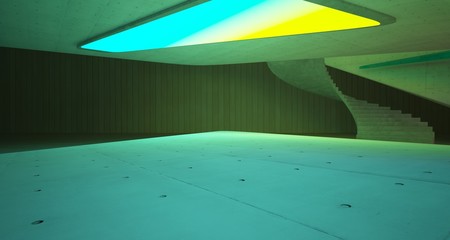 Abstract architectural concrete and wood smooth interior of a minimalist house with color gradient neon lighting. 3D illustration and rendering.
