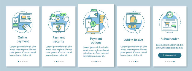 Naklejka premium Online shopping onboarding mobile app page screen vector template. Digital purchase. Internet marketing. E-commerce. Website steps with linear illustrations. UX, UI, GUI smartphone interface concept