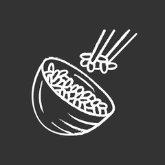 Rice chalk icon. Japanese food. Bowl with white rice. Sushi, spring rolls ingredient. Natural, organic food. Italian cuisine, risotto.Isolated vector chalkboard illustration