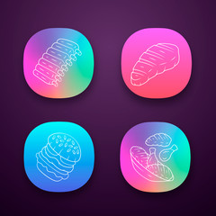 Meat dishes app icons set. Steak, beef ribs, chicken legs, burger. Fast food. Butcher shop product. Restaurant, grill bar, steakhouse menu. Web or mobile applications. Vector isolated illustrations