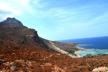 Fototapeta na wymiar Majestic mountains on the way to Balos beach. Photo of Crete, Greece