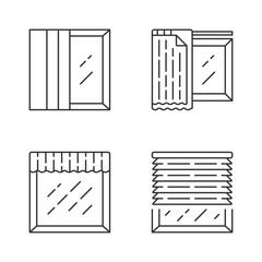 Window treatments linear icons set. Panel tracks, liner, valance. Kitchen, living room curtain. Home interior design. Thin line contour symbols. Isolated vector outline illustrations. Editable stroke