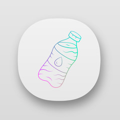 Mineral water app icon. Clean potable drinking water. Plastic bottle with label. Non-alcoholic refreshment drink. Non carbonated, beverage. Web or mobile applications. Vector isolated illustrations