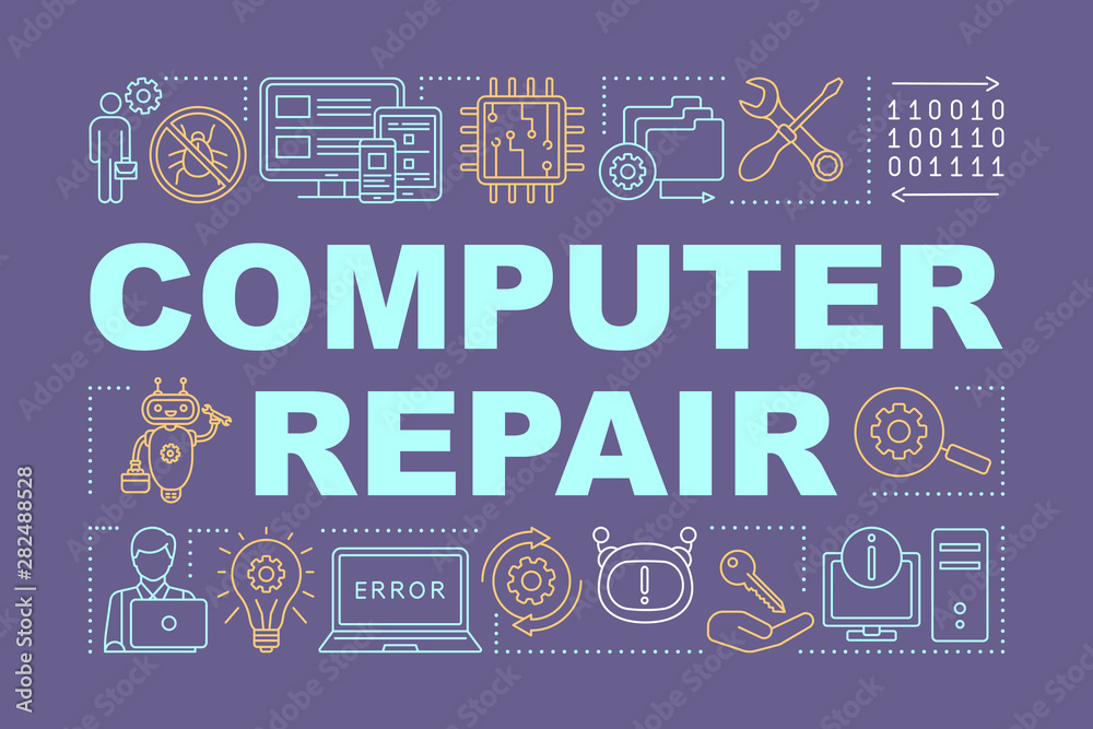 Fototapete Computer repair word concepts banner. Operating system reinstall. Presentation, website. Laptop refit. Isolated lettering typography idea with linear icons. Vector outline illustration