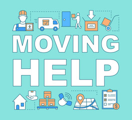 Moving help word concepts banner. Packing and unpacking boxes. Loading items into truck. Presentation, website. Isolated lettering typography idea with linear icons. Vector outline illustration