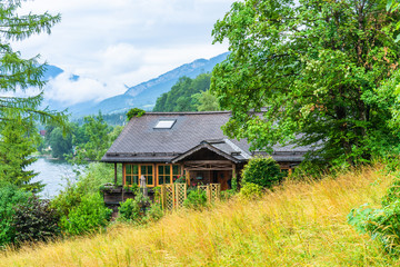 Fototapeta na wymiar Traditional architecture in Salzkammergut, an Austrian region of lakes and Alpine ranges near Salzburg, Austria