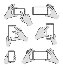 Hand holding smartphone, black and white icons.