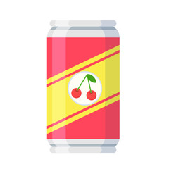 Cherry juice metal can in cartoon flat style on white, stock vector illustration