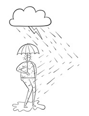 It's raining and the man gets wet even though he opens an umbrella.