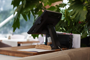 Small business, people and service concept - cashbox working at bar, cafe or restaurant